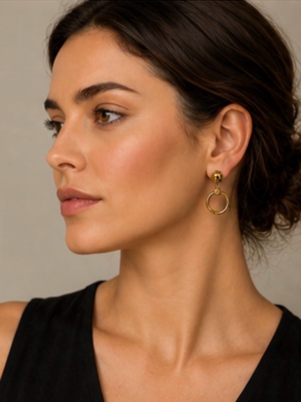 Vintage Gold Tone Circle Hoop Clip-On Earrings Retro Statement Dangle Earrings